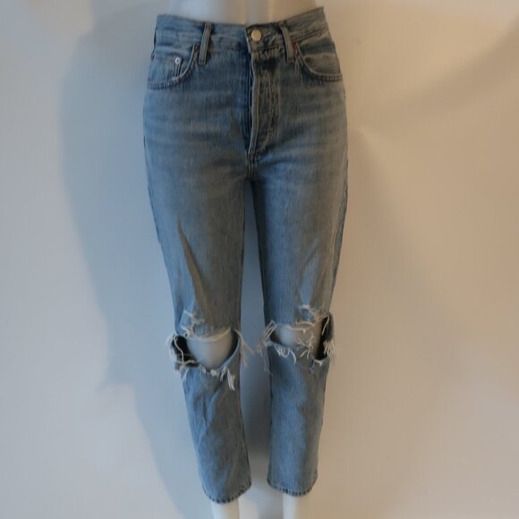 Womens Agolde Riley Blue 100% Cotton Button-Fly Distressed Denim Jeans 26 - Picture 1 of 12